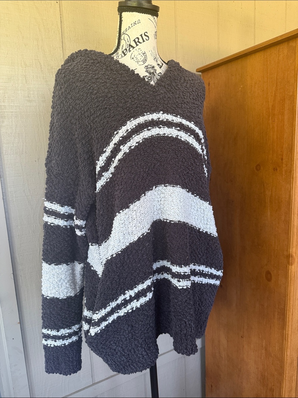 DAVI & DANI Hooded Striped Pullover Sweater - Black & White - Picture 3 of 8